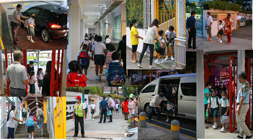 Collage of masked children with backpacks arriving at school, dropped off by parents and vans.